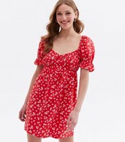 New Look Red Floral Linen-Look Sweetheart Neck Mini Dress